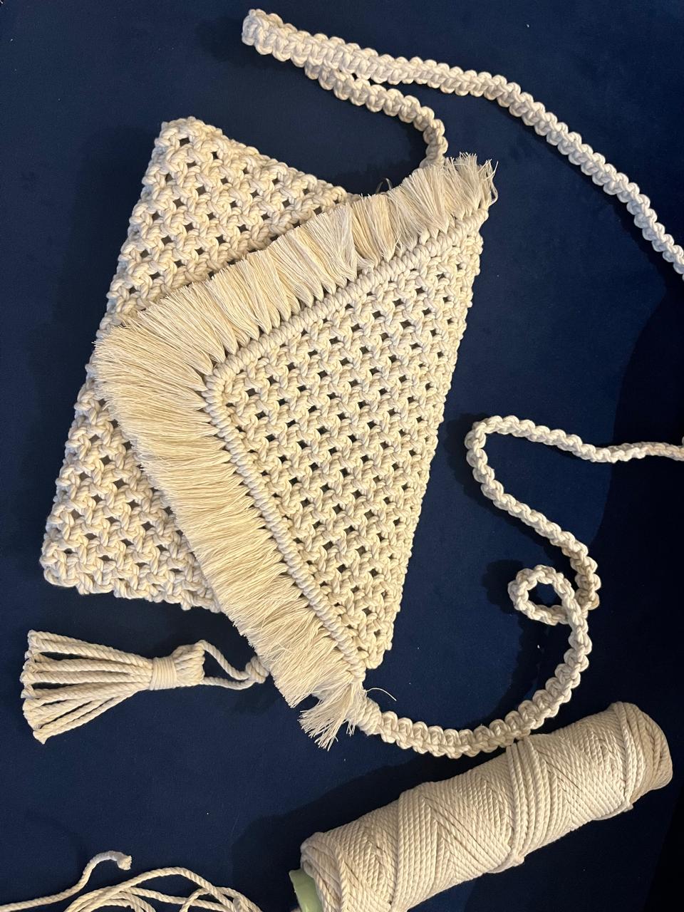 Boho Macramé Triangle Sling Pouch – Fringe Flap & Tassel