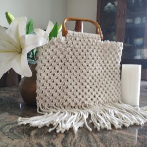 Boho Macramé Handbag – Bamboo Handle & Fringe